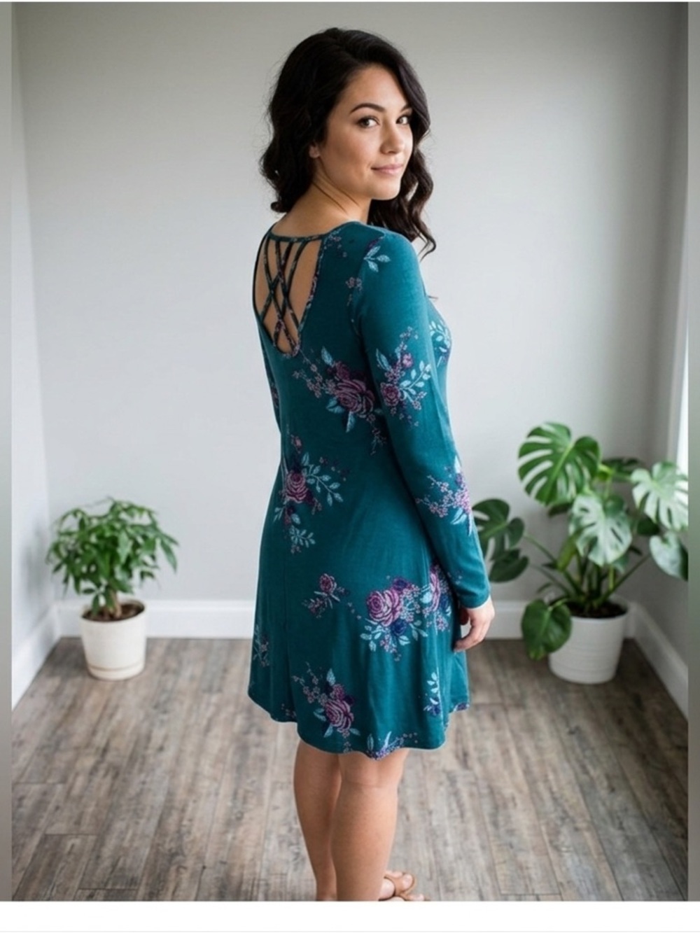 MUDD Women’s Long Sleeve Teal Floral Dress Size Small